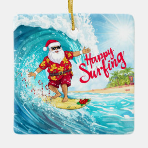 Santa Christmas Surfer Surfing on Big Wave Ceramic Ornament