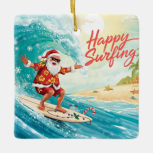 Santa Christmas Surfer Surfing on Big Wave Ceramic Ornament