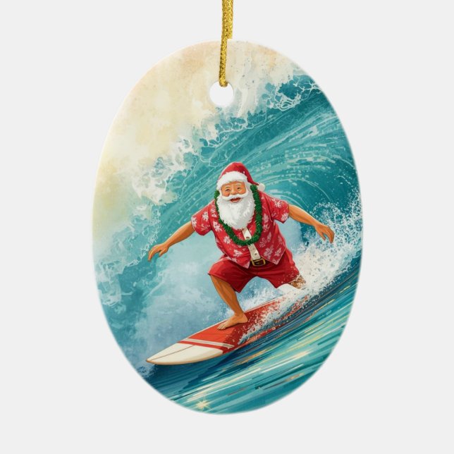 Santa Christmas Surfer Surfing on Big Wave Ceramic Tree Decoration (Front)