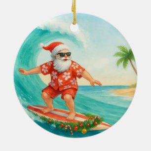 Santa Christmas Surfer Surfing on Big Wave Ceramic Tree Decoration