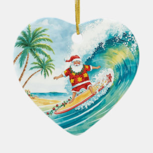 Santa Christmas Surfer Surfing on Big Wave Ceramic Tree Decoration