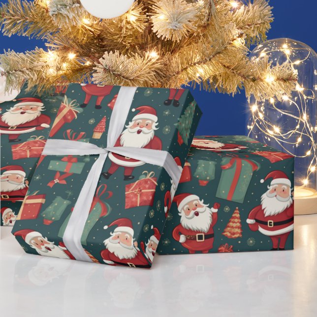 Santa Christmas Trees Ornaments GreenChristmas Wrapping Paper (Holidays)