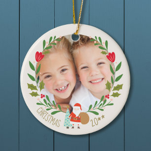 Santa Christmas Wreath Photo Ceramic Tree Decoration