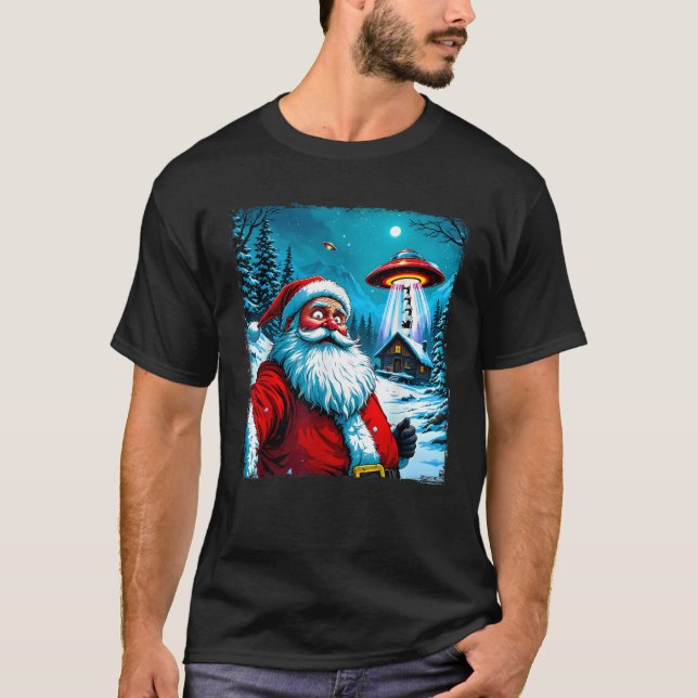 Santa Claus Alien Abduction Christmas UFO Encounte T-Shirt (Front)