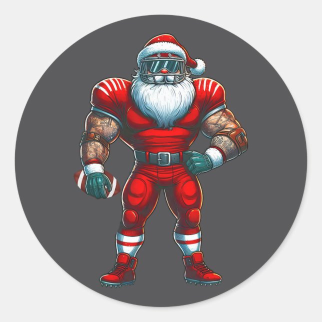Santa Claus American Football Player Merry Christm Classic Round Sticker (Front)