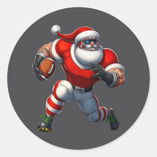 Santa Claus American Football Player Merry Christm Classic Round Sticker (Front)