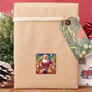 Santa Claus and 2 reindeer illustration Square Sticker