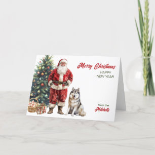 Santa Claus and Alaskan Malamute Dog Christmas Holiday Card