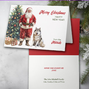Santa Claus and Alaskan Malamute Dog Christmas Holiday Card