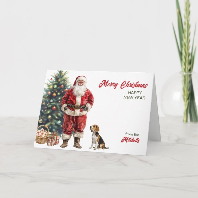 Santa Claus and Beagle Hound Dog Christmas Holiday Card (Front)