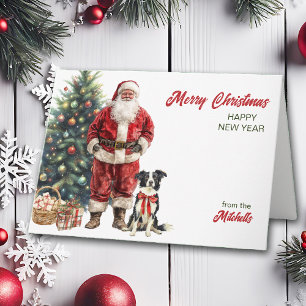Santa Claus and Border Collie Dog Christmas Holiday Card