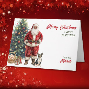 Santa Claus and Boston Terrier Dog Christmas Holiday Card