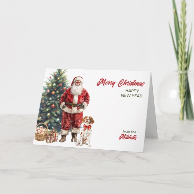 Santa Claus and Brittany Dog Christmas Card (Front)