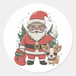 santa claus and chihuahua classic round sticker