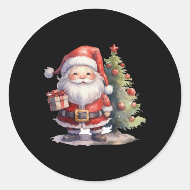 Santa Claus And Christmas Tree  Classic Round Sticker (Front)