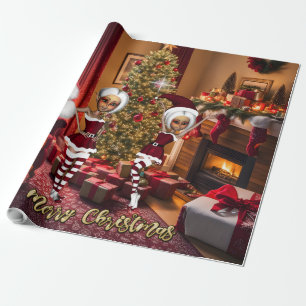Santa Claus and elves after work. Wrapping Paper