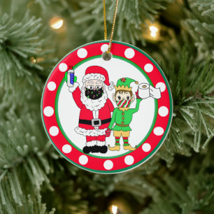Santa Claus and Elves Facemasks and Toilet Paper Ceramic Tree Decoration
