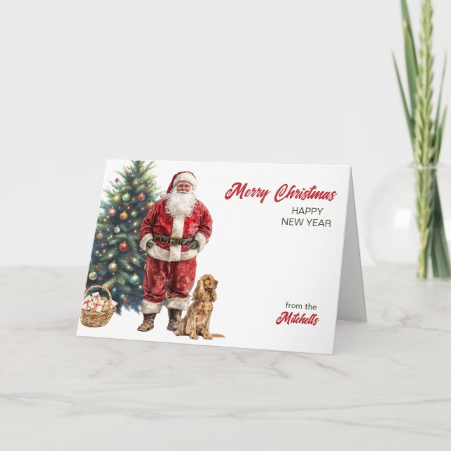 Santa Claus and English Cocker Spaniel Christmas Holiday Card (Front)