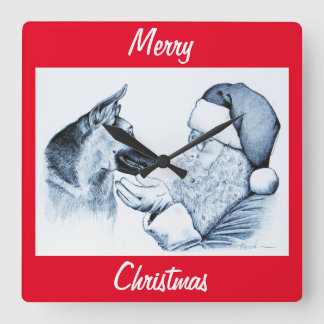 Santa Claus and Germans Shepherd Square Wall Clock