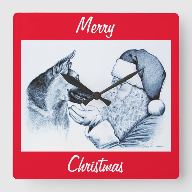 Santa Claus and Germans Shepherd Square Wall Clock (Front)