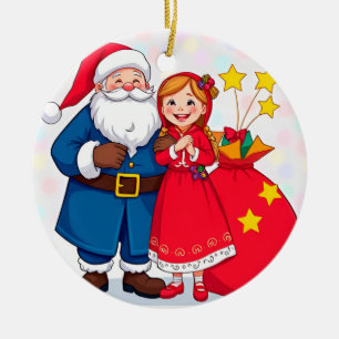 Santa Claus and Girl with a Gift Bag Ceramic Tree Decoration