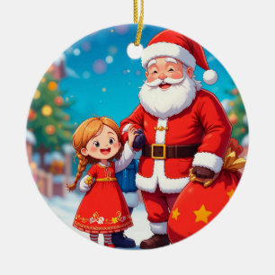 Santa Claus and Girl with a Gift Bag Ceramic Tree Decoration