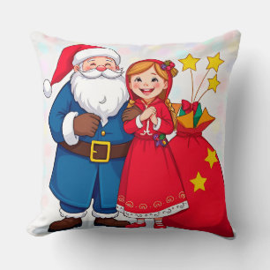 Santa Claus and Girl with a Gift Bag Cushion