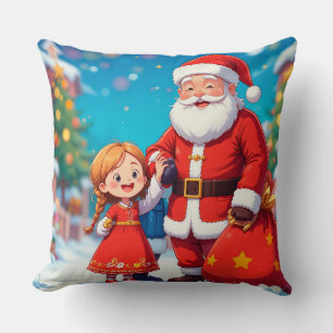 Santa Claus and Girl with a Gift Bag Cushion