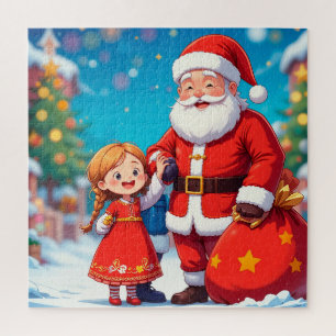 Santa Claus and Girl with a Gift Bag Jigsaw Puzzle