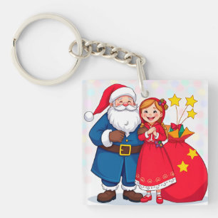 Santa Claus and Girl with a Gift Bag Key Ring