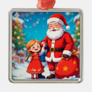 Santa Claus and Girl with a Gift Bag Metal Tree Decoration