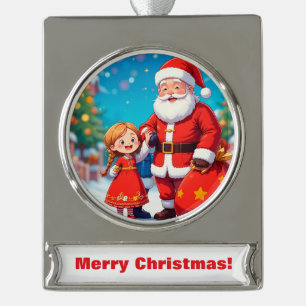 Santa Claus and Girl with a Gift Bag Silver Plated Banner Ornament