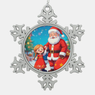 Santa Claus and Girl with a Gift Bag Snowflake Pewter Christmas Ornament