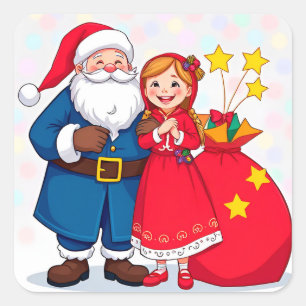 Santa Claus and Girl with a Gift Bag Square Sticker