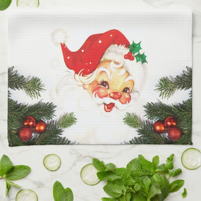 Santa Claus and Greenery Christmas Kitchen Towels (Folded)