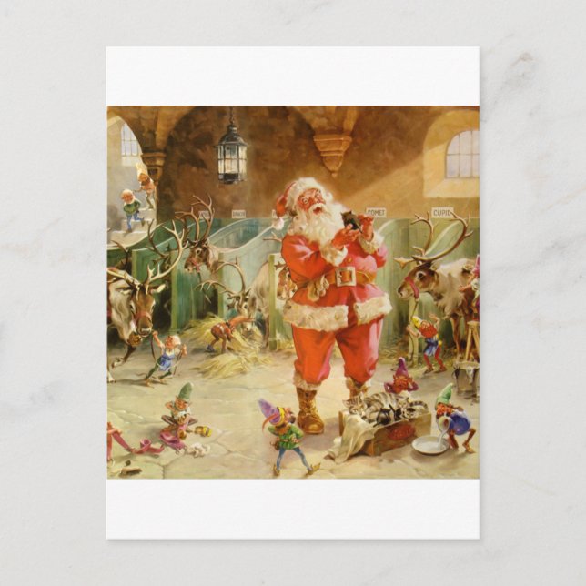 Santa Claus and his Elves in the Reindeer Stable Holiday Postcard (Front)