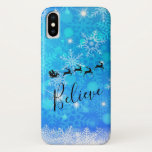 Santa Claus and his Flying Reindeer - Believe iPhone X Case<br><div class="desc">Christmas phone case with a black silhouette of Santa riding in his sleigh being pulled by his reindeer flying across the sky. Believe written in a trendy script font. The background is an icy blue frosty snowflake design.</div>
