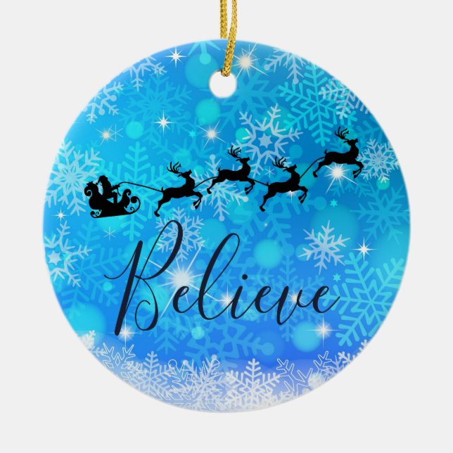 Santa Claus and his Flying Reindeer - Believe Ceramic Tree Decoration (Front)