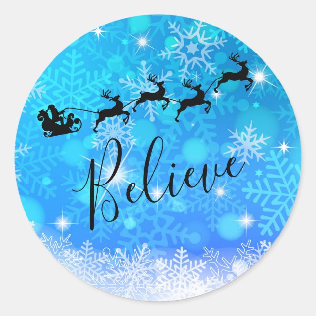 Santa Claus and his Flying Reindeer - Believe Classic Round Sticker (Front)