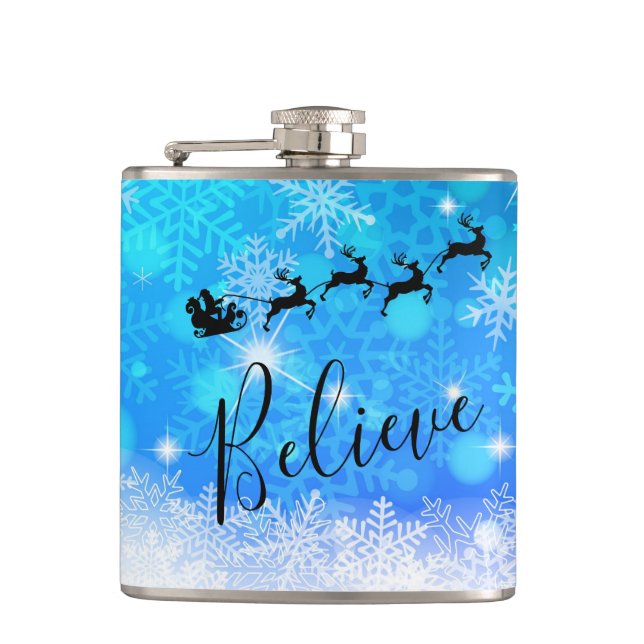 Santa Claus and his Flying Reindeer - Believe Hip Flask (Front)