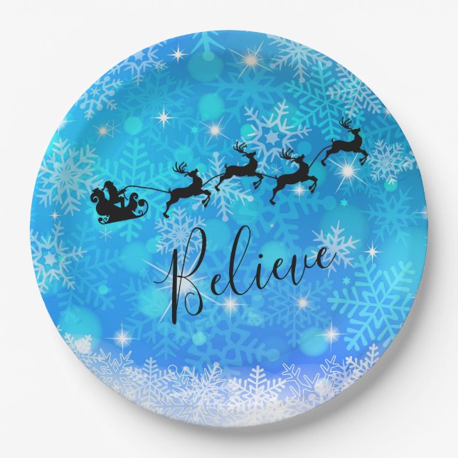 Santa Claus and his Flying Reindeer - Believe Paper Plate (Front)