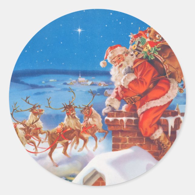 Santa Claus and his Mighty Reindeer Classic Round Sticker (Front)