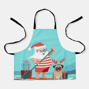 Santa Claus and His Pug on a Surfboard Apron
