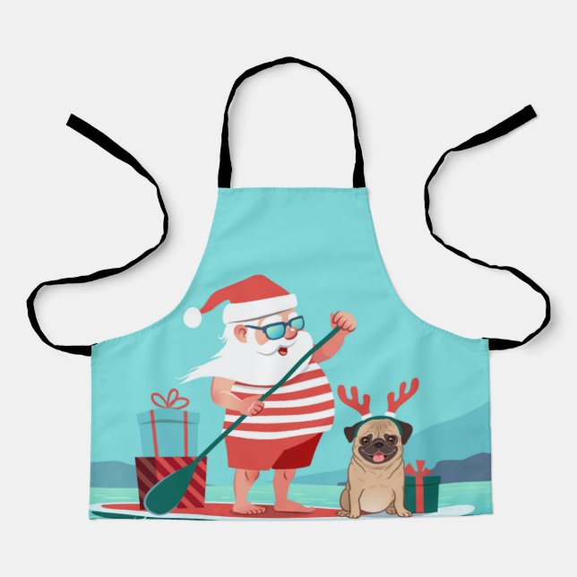 Santa Claus and His Pug on a Surfboard Apron (Front)