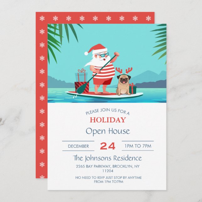 Santa Claus and His Pug on a Surfboard         Invitation (Front/Back)