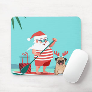 Santa Claus and His Pug on a Surfboard Mouse Mat