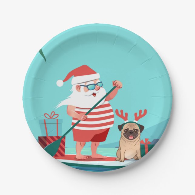 Santa Claus and His Pug on a Surfboard Paper Plate (Front)