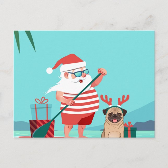 Santa Claus and His Pug on a Surfboard Postcard (Front)