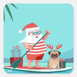 Santa Claus and His Pug on a Surfboard Square Sticker