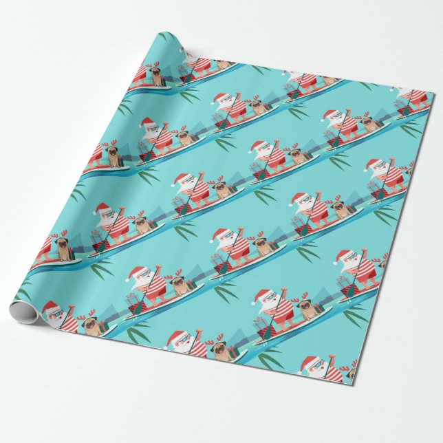 Santa Claus and His Pug on a Surfboard Wrapping Paper (Unrolled)
